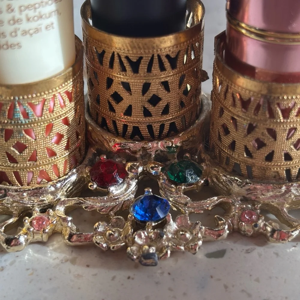 VTG Gold Lipstick Holder‎ Vanity Organizer w/ Rhinestones Filigree Triple Holder